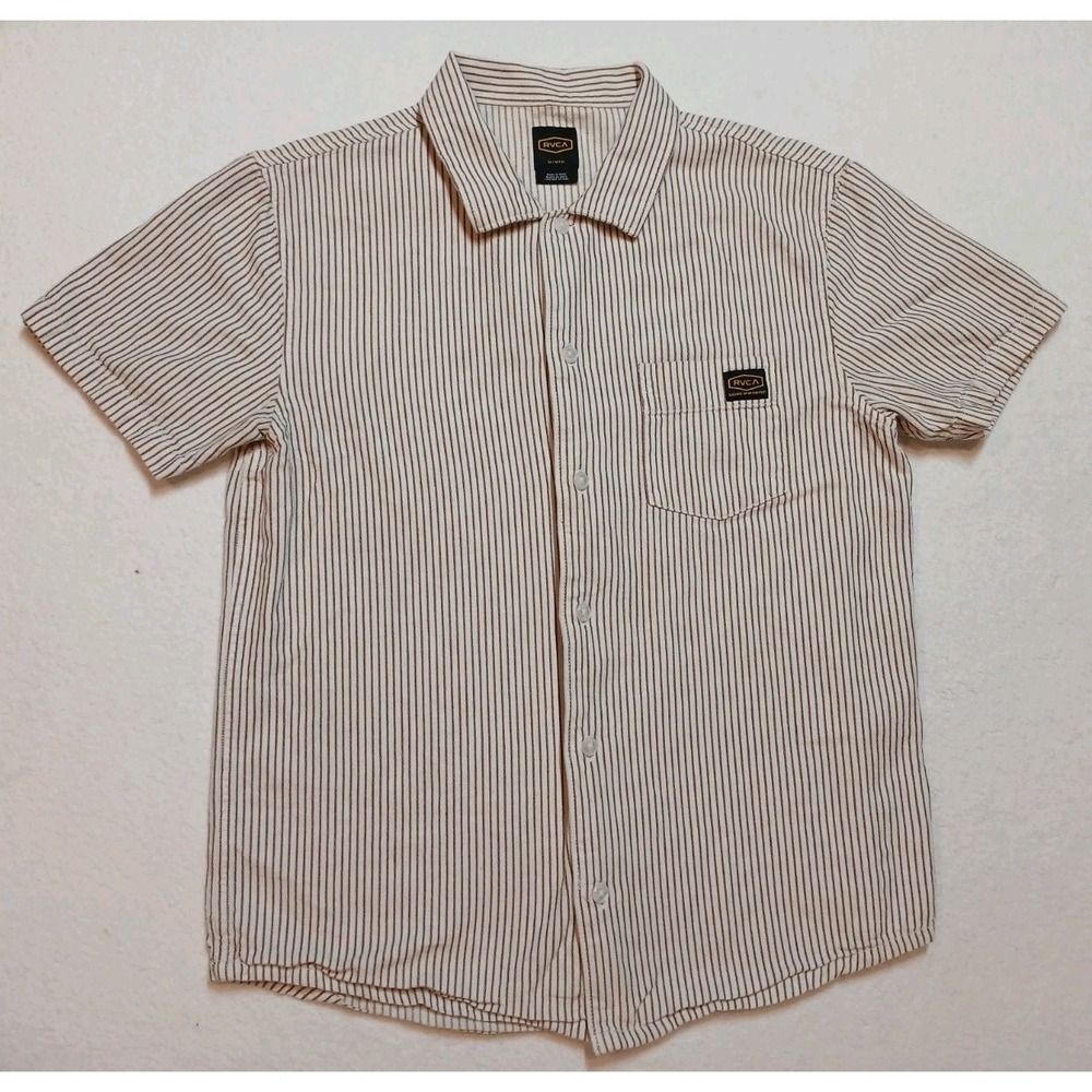 RVCA Dayshift Stripe II Shirt Mens M Natural Cream Cotton Button Up Woven SS